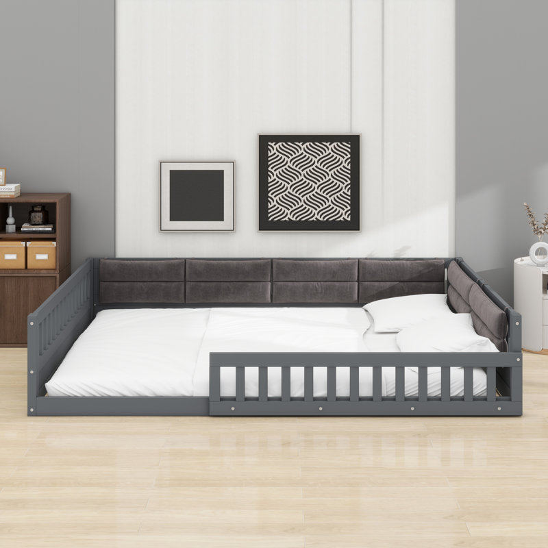 Upholstered Platform Bed Frame with Safety Guardrail, Gray