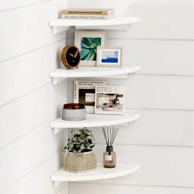White Rounded Corner Floating Shelves, Set Of 4, Wall-Mounted Wood Shelves For Bedroom, Bathroom, Living Room & Small Spaces