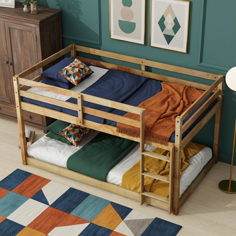  Lit superposé bas simple au-dessus de simple de 77 po de largeur - Base de lit en bois d'hévéa massif pour enfants - Barrières de sécurité et échelle intégrée - Aucun sommier requis