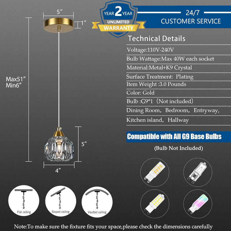 3 Pack Gold Modern Pendant Light Fixture,Crystal Pendant Lighting, Brass