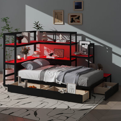 Contemporary Twin Size Gaming Daybed With Built-In Desk, 3 Storage Drawers, Charging Station, And Multi-Purpose Headboard Bookshelf, Complete With LED