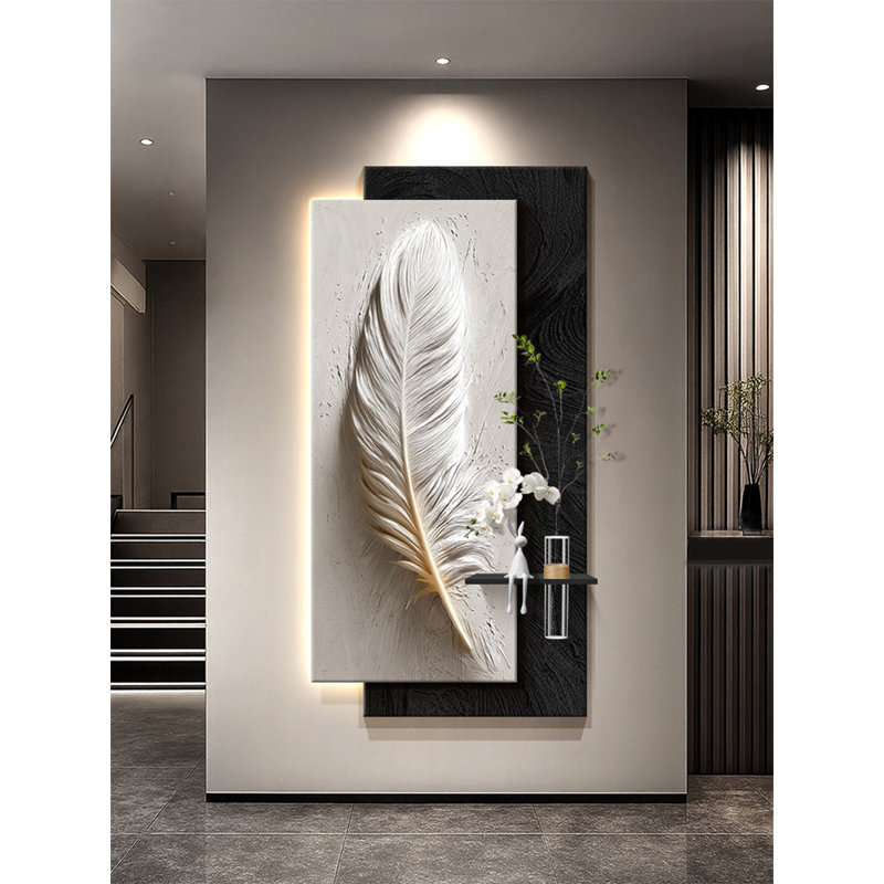 Modern Feather-Painted Sandstone Hydroponic Plant Mural With Lights, 39.37" H x 19.69" W x 2.17" D, Black;White