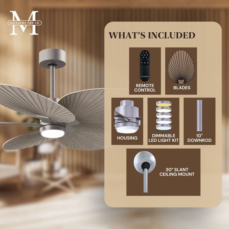 Alessandra Tropical - Five Blade Ceiling Fan - Integrated LED -Matte Black Finish -Light Blue Blades, Gray Ash Tone