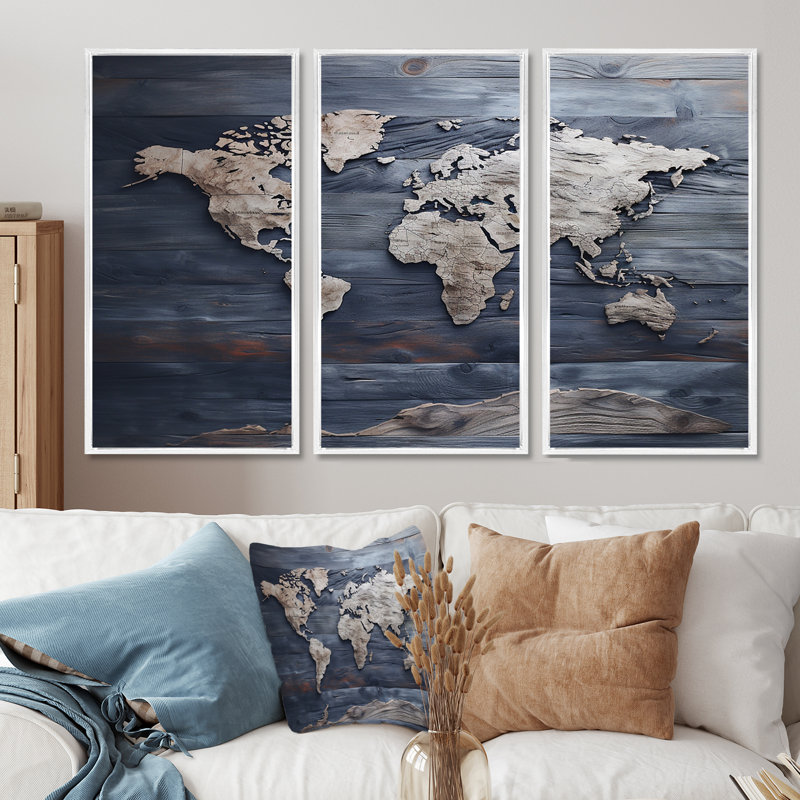 Rustic Route World Map I - Ensemble de décoration murale carte du monde, H 28 po x l 36 po x P 1 po, Cadre flottant blanc