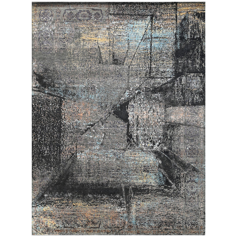 Tapis gris / noir noué à la main, Rectangle 9 pi x 12 pi