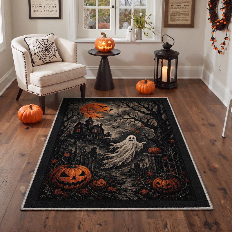 Tapis fantôme d'Halloween, noir / blanc, lavable à la machine, à poils courts, antidérapant, Tapis de couloir 2 pi x 6 pi