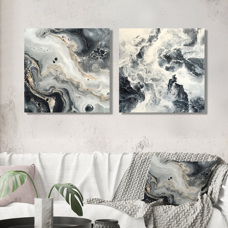 2 pièces de marbre moderne, encre monochrome I - art mural de décoration murale en marbre - art mural moderne pour le salon