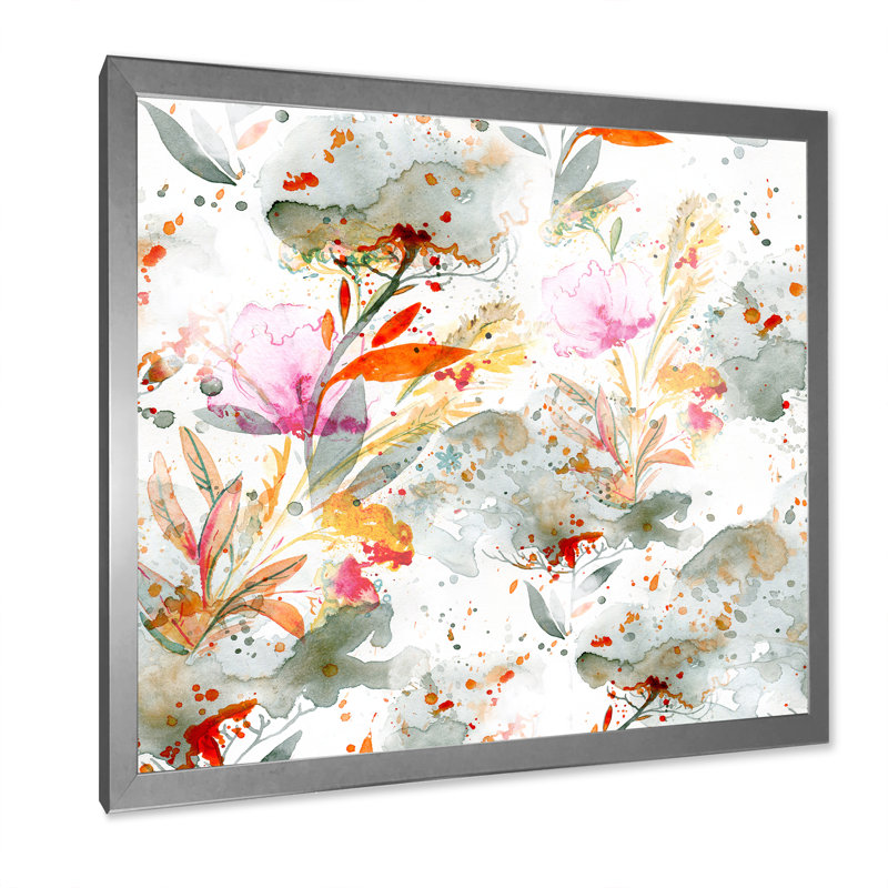 Herbe et plumes en couleurs d'automne I - Peinture sur toile, H 17,5 po x l 17,5 po, Cadre argenté