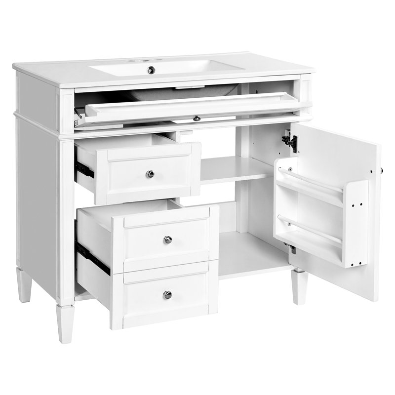 Meuble-lavabo 36 po avec lavabo en céramique, 2 tiroirs et tiroir escamotable, Blanc