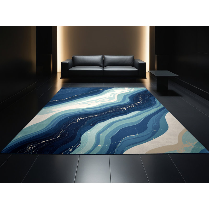 Machine Washable Parkchester Posh & Luxe Marble Rug in Blue – Navy Binding, 5' Square