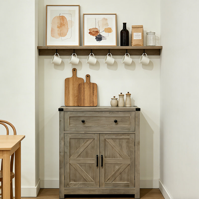 Kitchen Storage Cabinet,Modern Farmhouse Buffet Cabinet With Storage,Coffee Bar With Drawer And 2 Doors, Light Gray