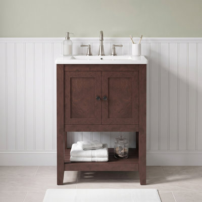 Meuble-lavabo autoportant 24 po moderne en brun avec lavabo intégré en céramique, tablette ouverte, armoire en bois massif et panneau de fibres à densité moyenne avec tablettes réglables