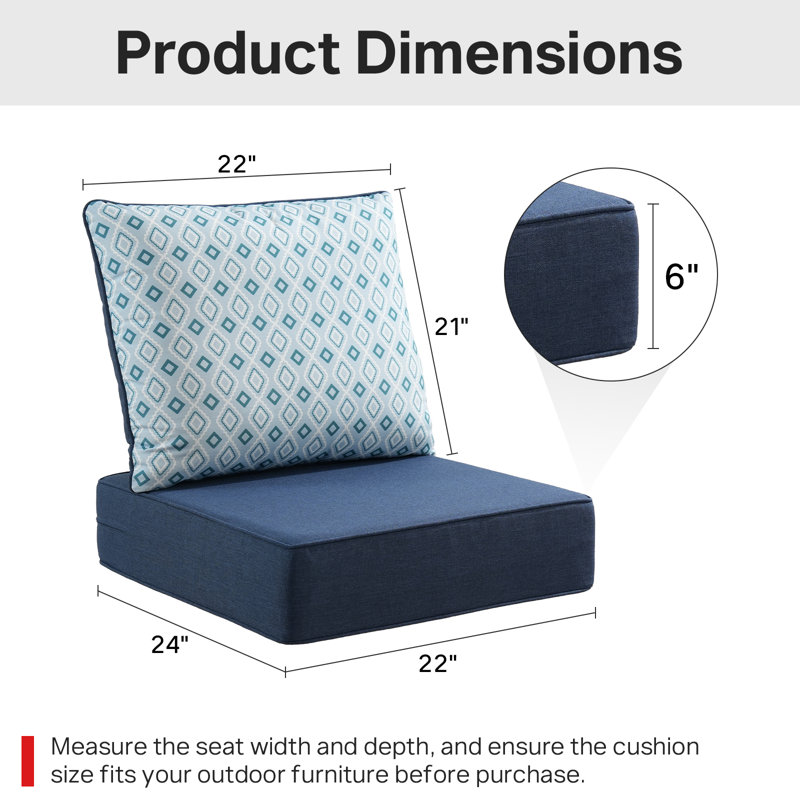 Ensemble de coussin d'assise et de dossier en polyester résistant aux intempéries Deb, 2, L 22 po x P 24 po, Bleu