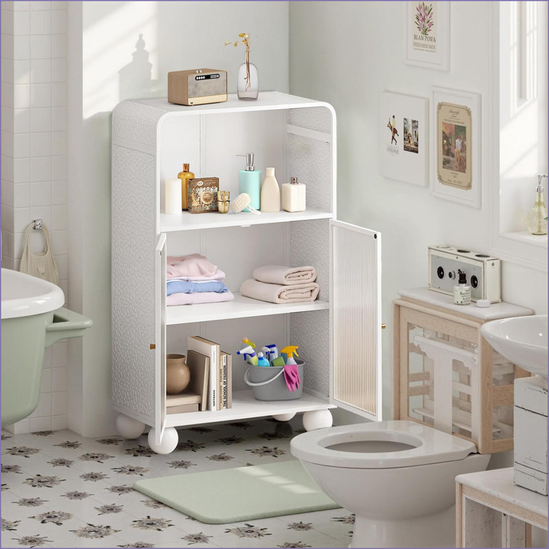 Armoires, armoire de rangement moderne blanc cassé H 45,28 po avec porte en verre et tablettes, autoportante pour salle de bain | Verre et métal | Salle de bain