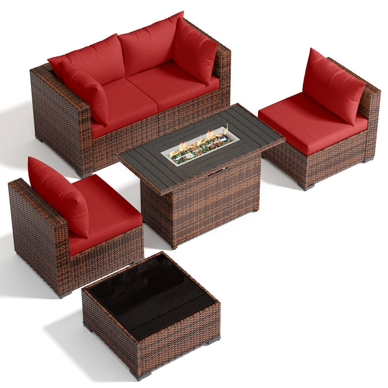 4 - Person Outdoor Wicker Patio Conversation Furniture Set With Fire Pit Table, Burgundy