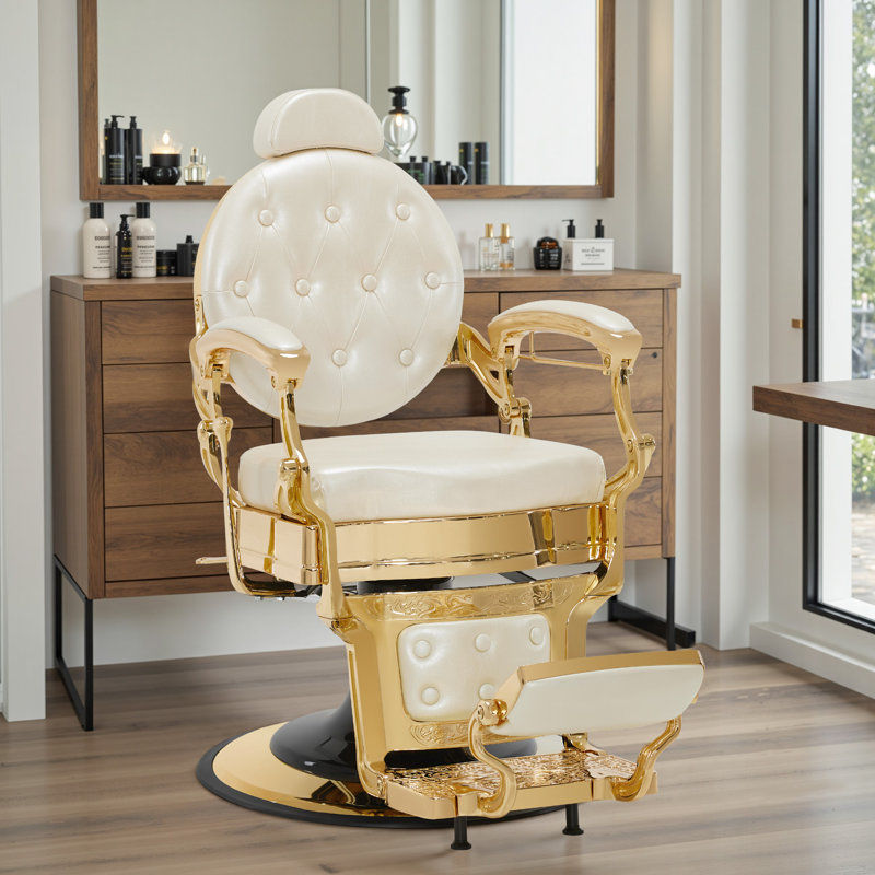 Fauteuil de barbier robuste de 26 po d'épaisseur rétro avec structure en métal, fauteuil de salon pivotant, similicuir, Blanc