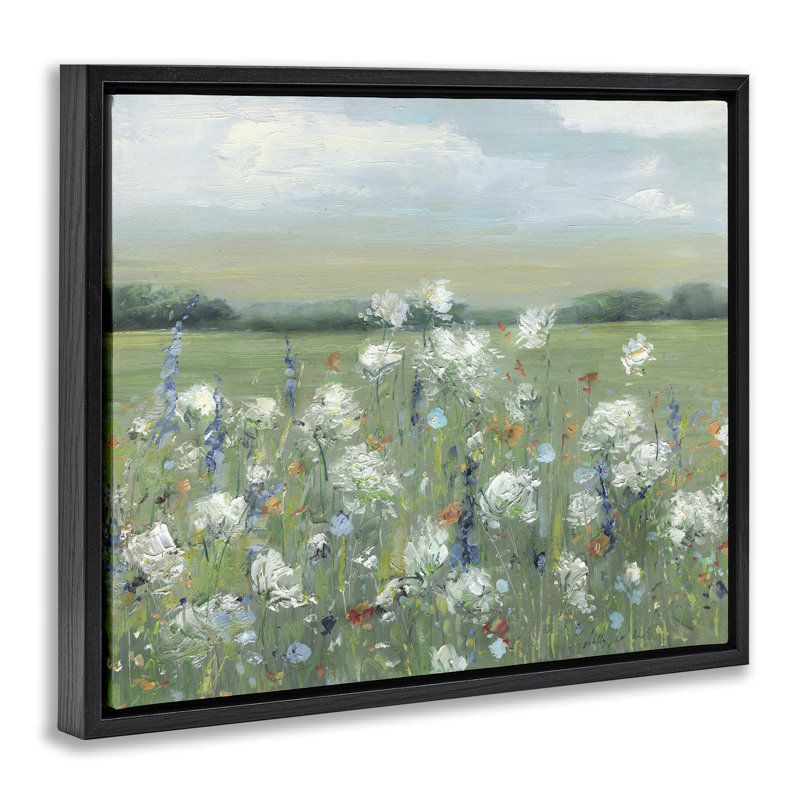 Fleurs de prairie tachetées dans un champ, Cadre flottant noir de jais, H 17 po x l 21 po
