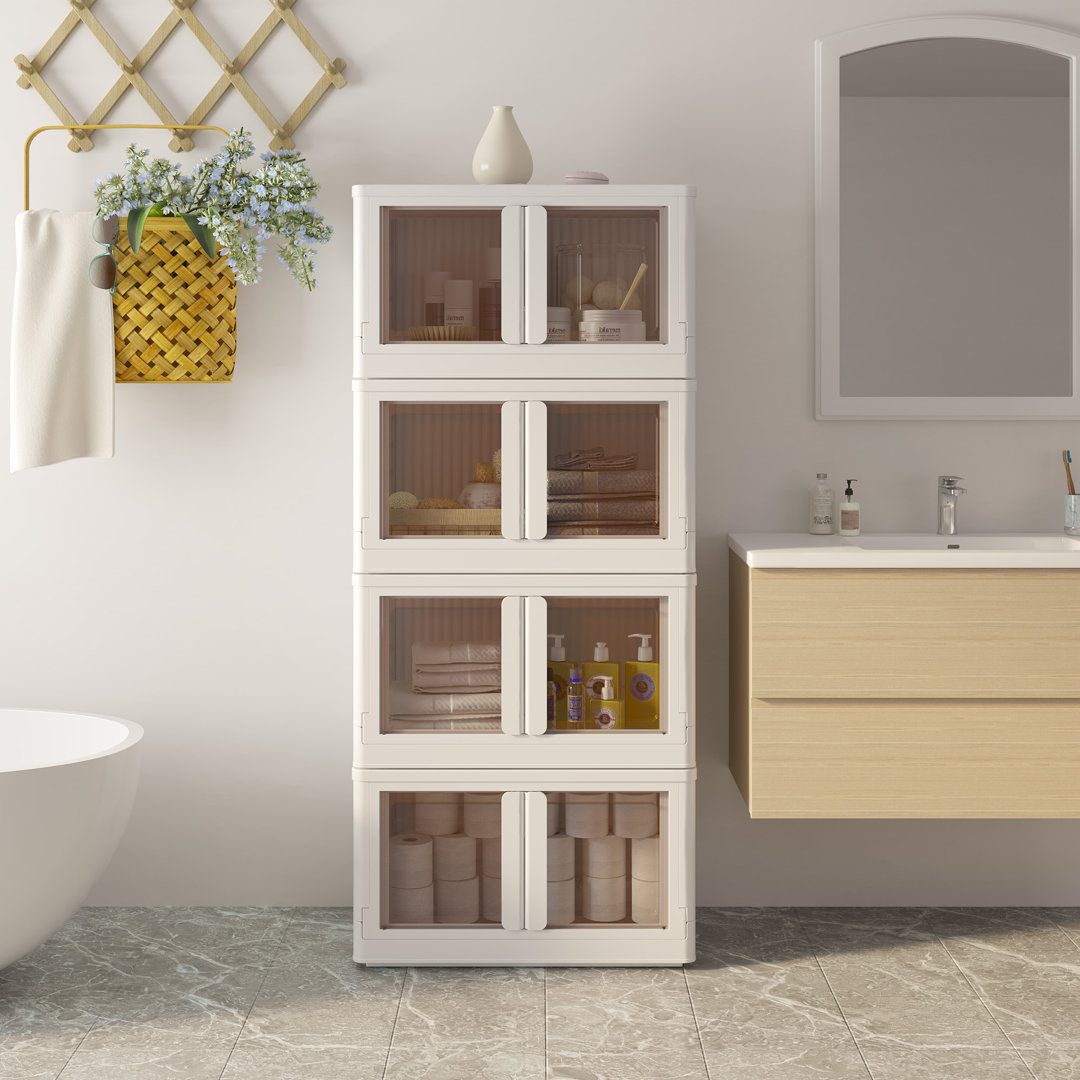 Stackable Collapsible Plastic Storage Bins with Lids,304 QT Closet Organizers with Doors, 25''L x 15.5''W x 56''H (Set of 4) Rebrilliant 