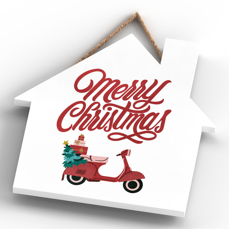 Xmas Merry Christmas Scooter Wooden House Plaque, 9.9cm H x 9.9cm W x 0.5cm D