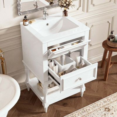 Bathroom Vanity with Ceramic Sink, Bathroom Storage Cabinet with Open Shelf , Retro Design Bathroom Cabinet with 2 Drawers