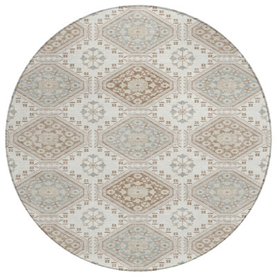 8' Ivory And Brown Round Floral Washable Indoor Outdoor Area Rug