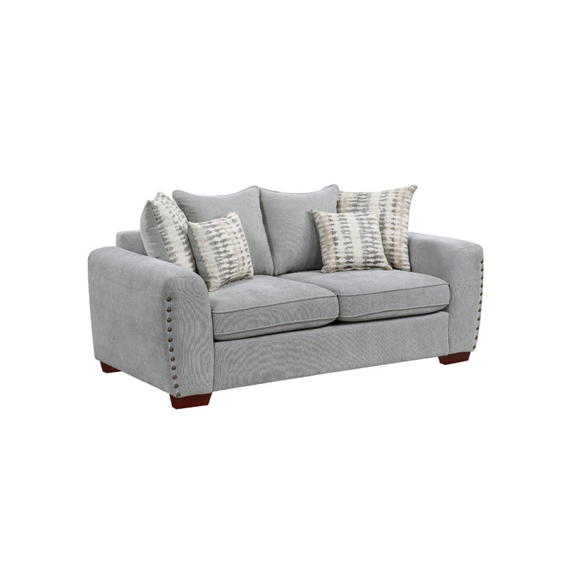 Causeuse Gini, 6 coussins décoratifs, garniture cloutée, chenille grise, 70 po