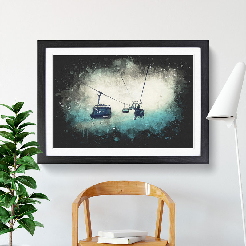 Ski Lift - Single Picture Frame Print on Wood, Black Framed, 65cm H x 90cm W x 2cm D