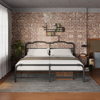 King Industrial Style 14"H Metal Black Bed Frames with Headboard & Footboard, No Box Spring Need & No Squeak