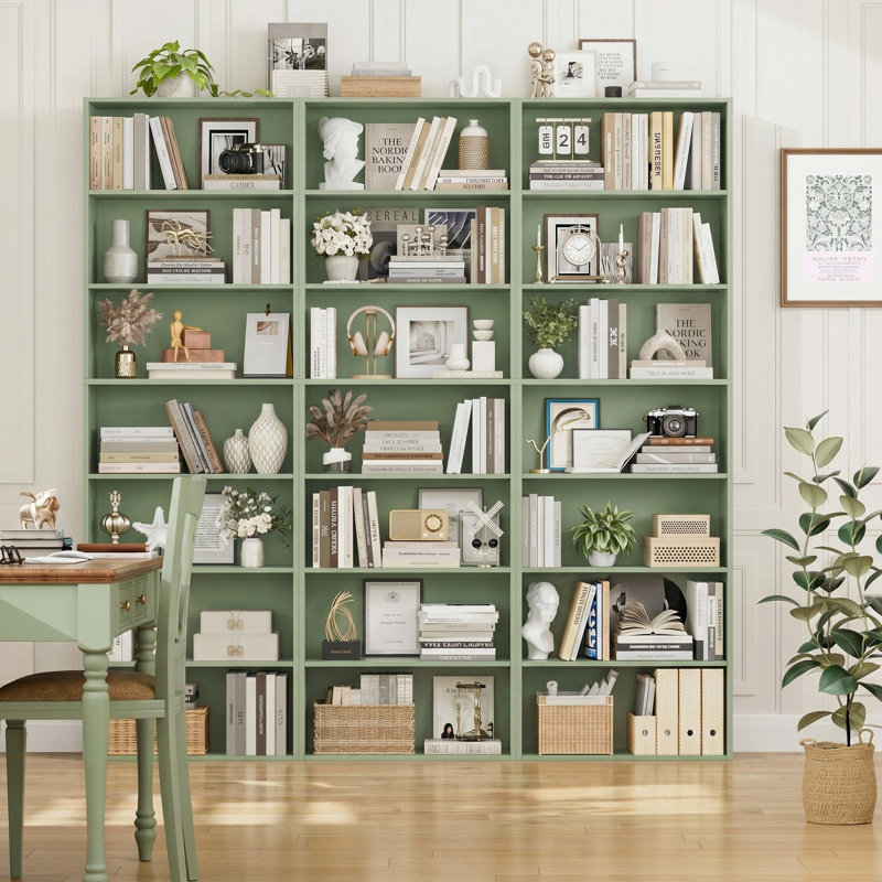 3-Pieces 82.5"H Wood Double 7-Tier Standard Bookcases, Home Library Bookcase Set, Green