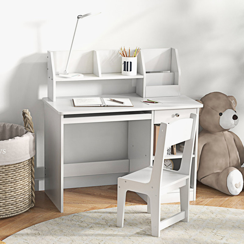 Desk And Chair Set With Storage, White