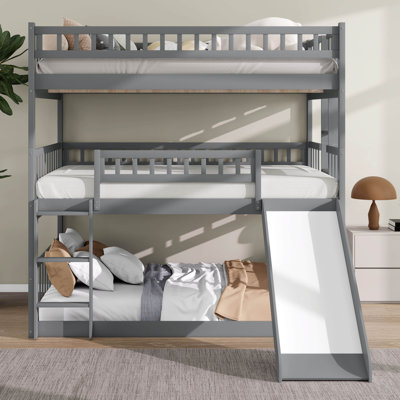 Lit superposé triple double / double / double avec échelle convertible et glissade, lit superposé triple en bois massif avec garde-corps pour 3, espace maximisé