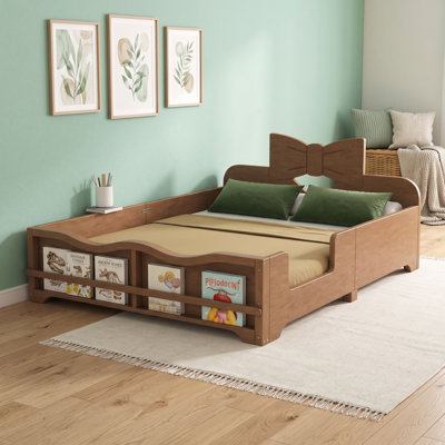 Wood Platform Bed with Guardrails and Bookshelf