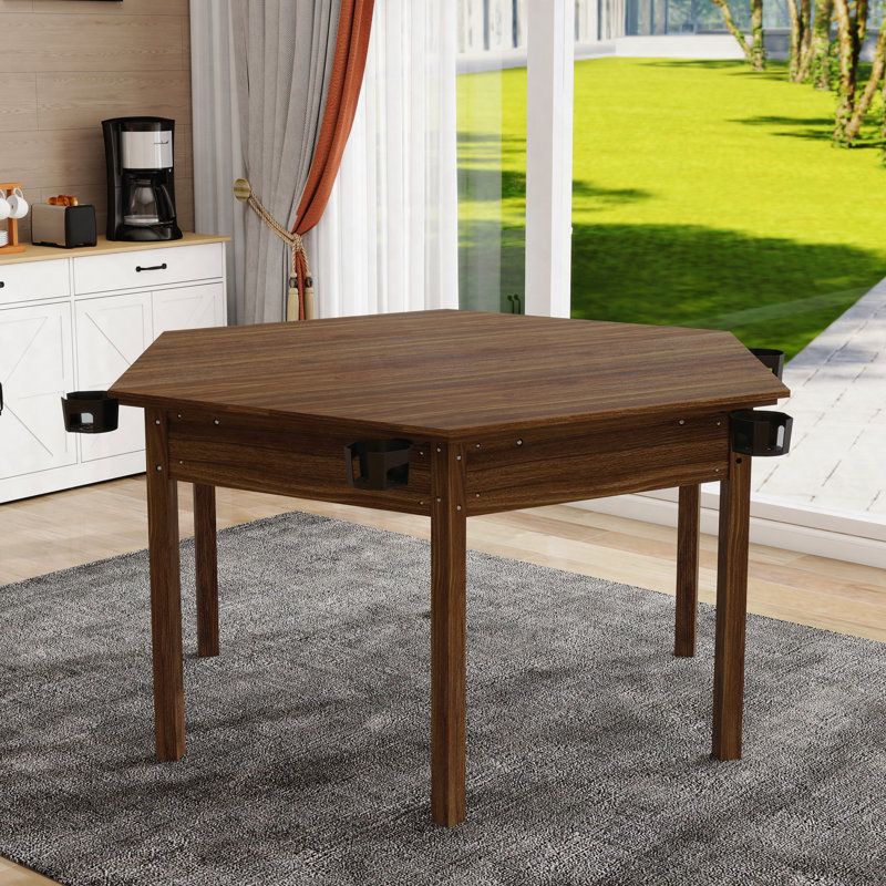 Table de jeu de société - plateau amovible, 6 joueurs, hexagone, porte-gobelets - brun rustique