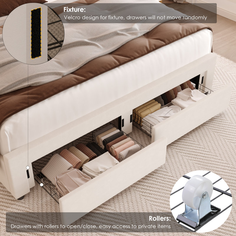 Sturminster Velvet Wingback Upholstered LED Light 2 Drawer Storage Bed, King, Cream