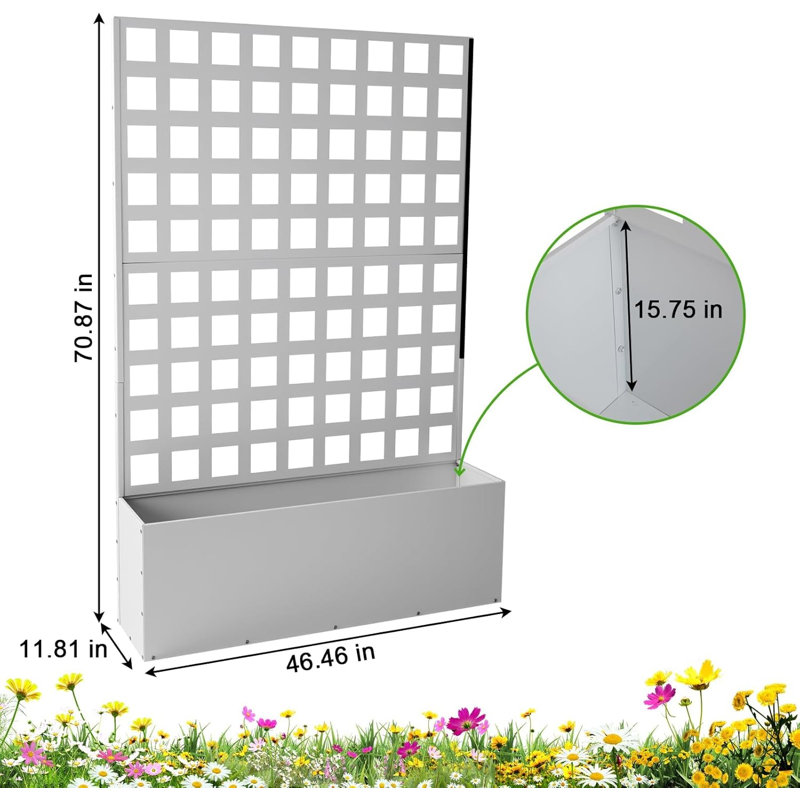Boîte à fleurs surélevée en métal galvanisé 73 po x 47 po x 12 po avec grillage d'intimité en treillis, roues et trous de drainage, lit de jardin résistant aux intempéries pour plantes grimpantes, légumes et fleurs, blanc