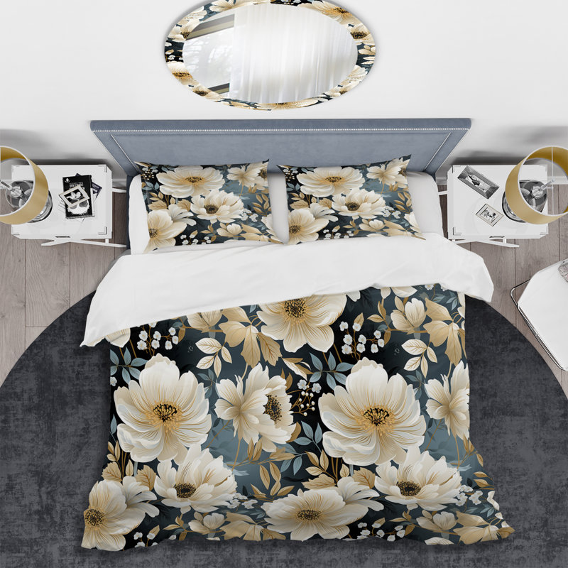 Ensemble de housse de couette White Begonia Botanicals Collage, Housse de couette pour grand lit et 2 taies décor