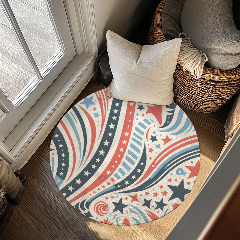 Tapis tressé rouge et bleu, Rond 5 pi
