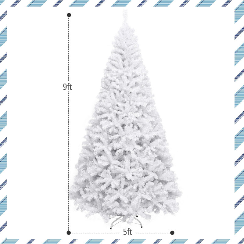 Arbre de Noël artificiel à charnière blanc 9 pi, pin en PVC non éclairé avec 2132 pointes et base, H 9 pi
