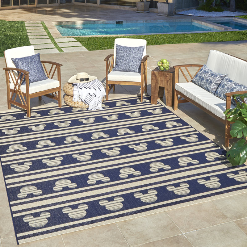 Licensed Disney Mickey Mouse Navy/Ivory Stripes Flatweave Indoor/Outdoor Area Rug, Rectangle 7'10" x 10'