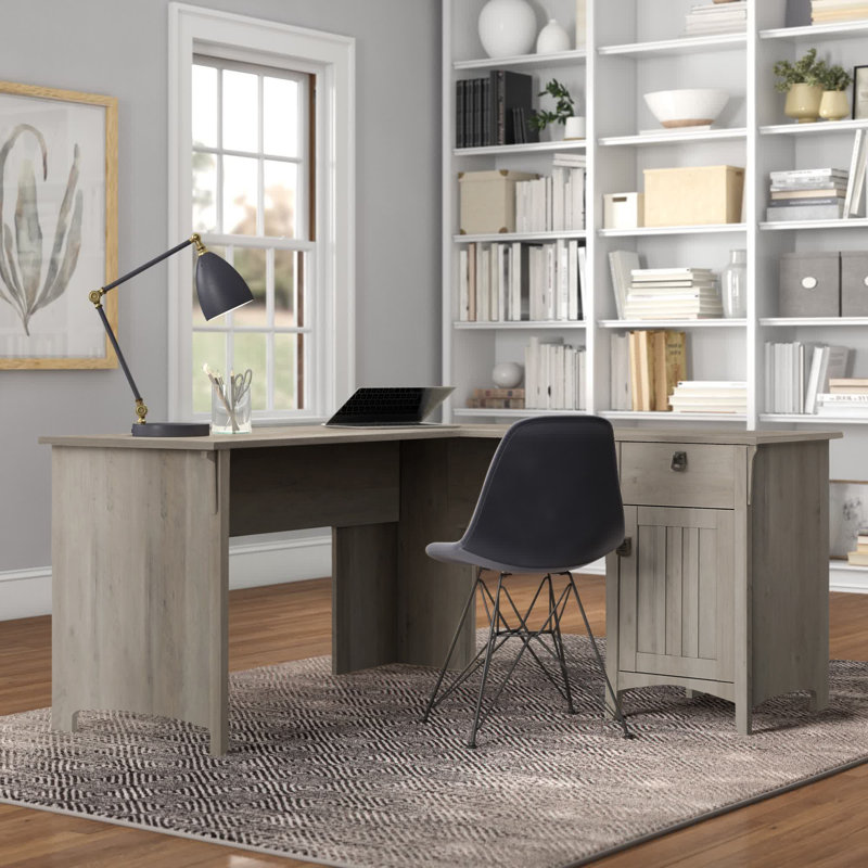 60W L Shaped Desk with Storage in Driftwood Gray, Driftwood Gray