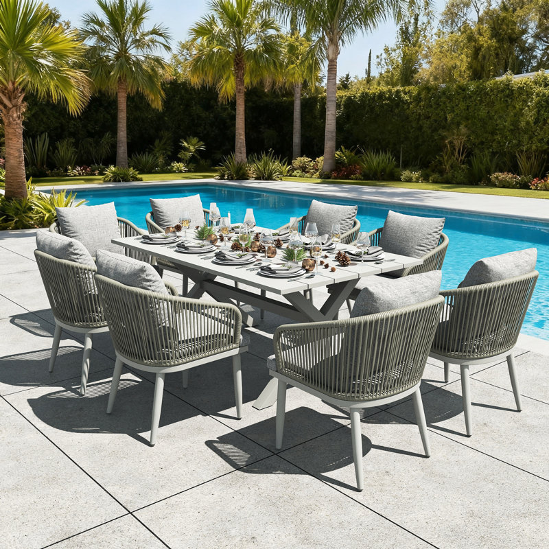 Outdoor Dining Set Woven Rope Wicker Patio Dining Set With Rectangular Aluminum Table And Modern Armrest Dining Chairs, 8