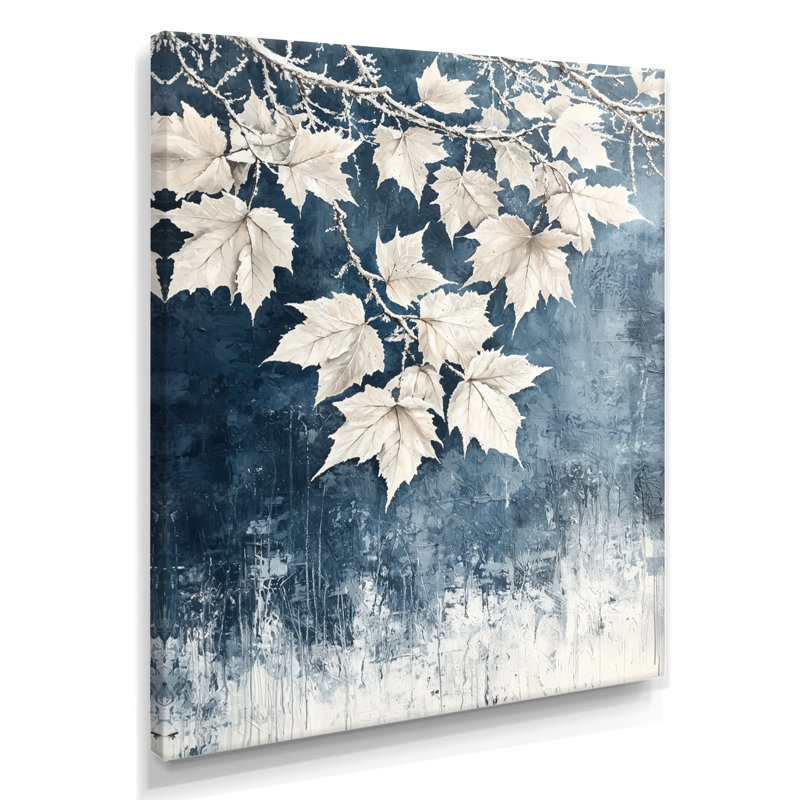 «White Frosted Leaves Branches IV» - art mural feuilles, H 44 po x l 34 po, Toile tendue, Ne s’applique pas