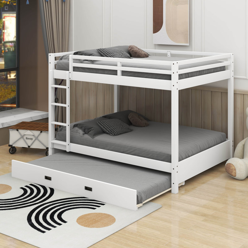 Queen Size Bunk Bed With Ladder And Trundle, White