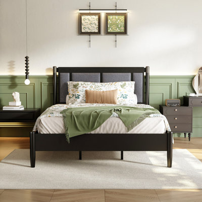 Solid Wood Queen Bed, Heavy Duty 500 Lbs Support, No Box Spring Needed, Upholstered Headboard With Metal Handles