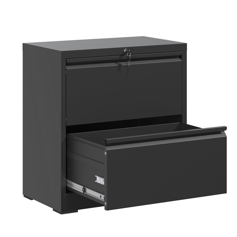 2 Drawer Steel Lateral Filing Cabinet For Home Office, High - Quality Material, Silent Opening, Adjustable Storage A4/letter/legal Documents, Lock, Quick Assembly In Black, Cold Rolled Steel, Quiet