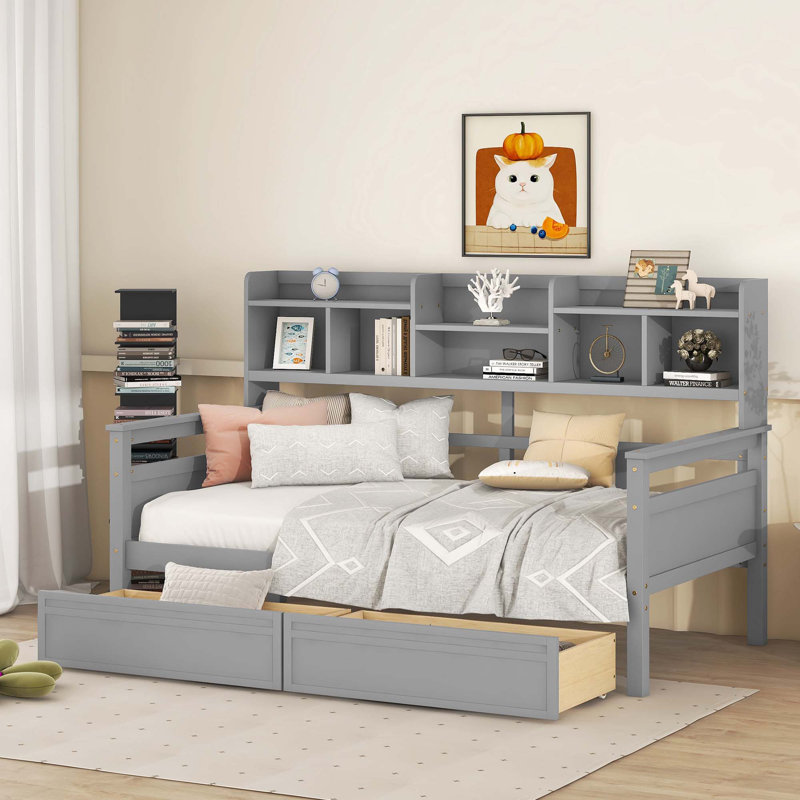 Lit de jour, support en lattes de bois, avec tablettes de chevet et deux tiroirs, Gris, Lit simple