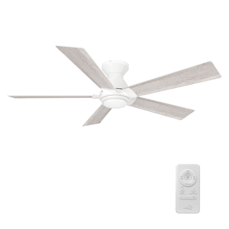52 Inches White Flush-Mount DC Motor Ceiling Fan with Light, Remote Control, White, Light Wooden Pattern
