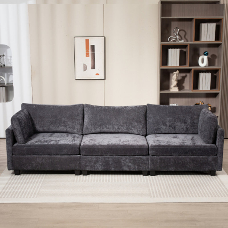 Canapé profond en chenille 3 places, Tissu gris foncé