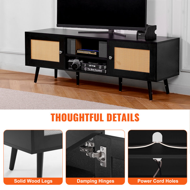 Black Rattan TV Stand with Cabinet for 65 inch TV