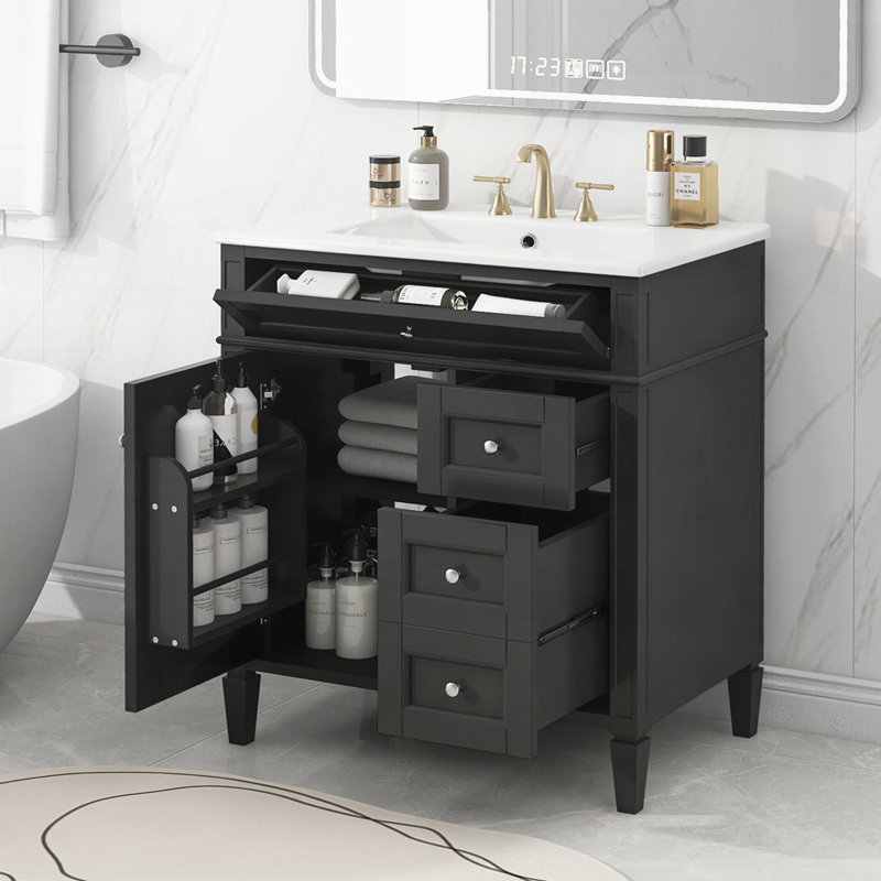 Meuble-lavabo 30 po avec lavabo supérieur, Noir / argenté
